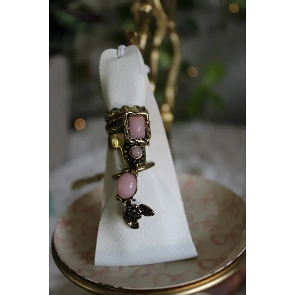 Free People Pink Stone Antique Gold Stackable Ring Set Size 7.5